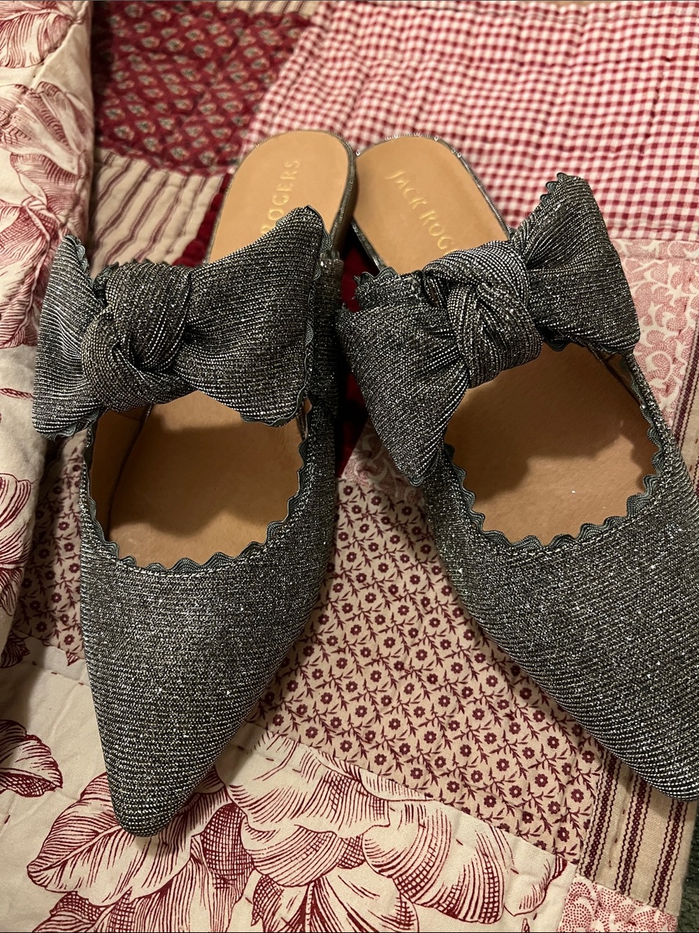 Jack Rogers Silver-sparkle Knotted Bow Pointed Mules